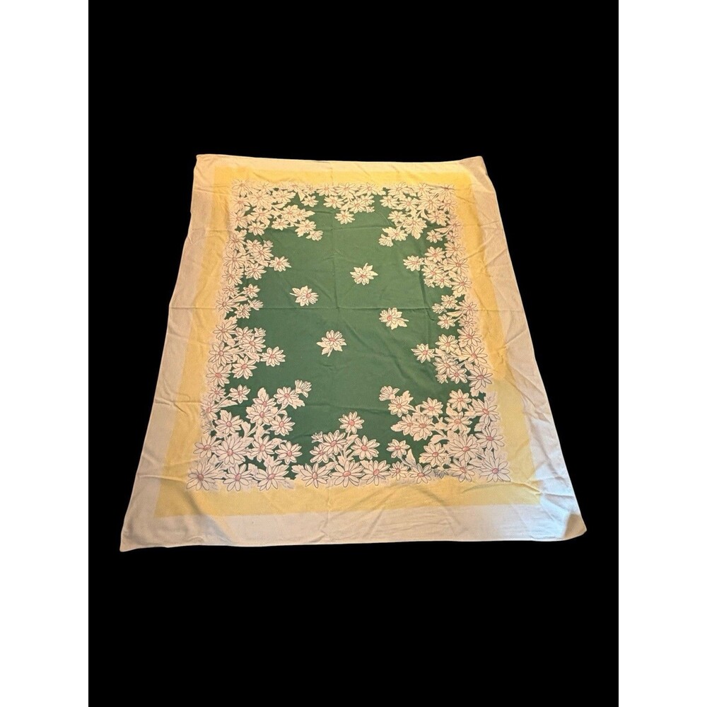 Vtg Symtex Tablecloth Daisies Floral Yellow Green Pink 51” X 61” Made in USA